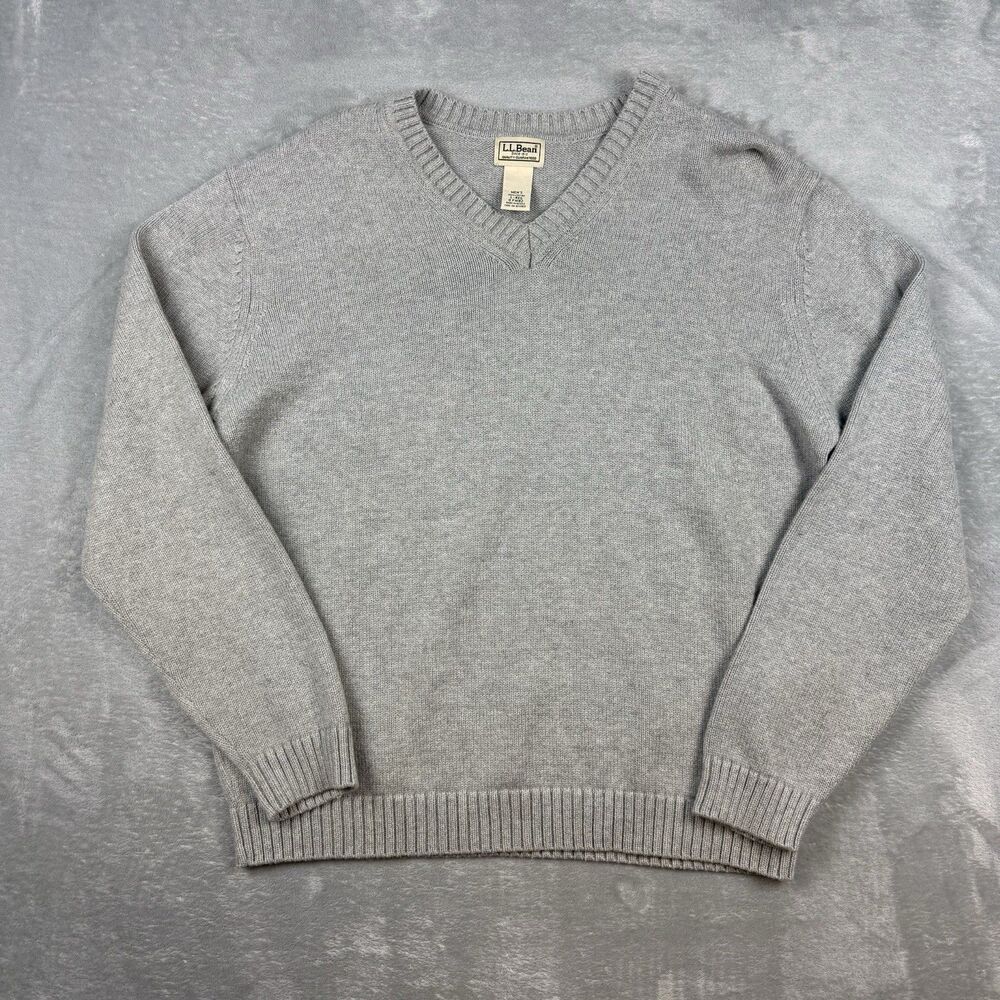 L.L.Bean V-Neck Sweater Men’s Large Gray 100% Cotton Classic Pullover